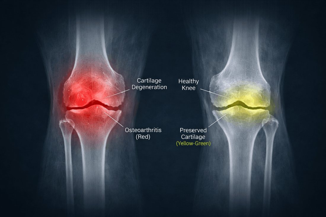 Anatomical comparison of a healthy knee joint and one showing cartilage degeneration
