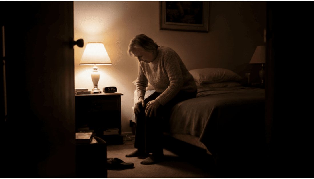 A person sitting on the edge of a bed at night in a dimly lit room