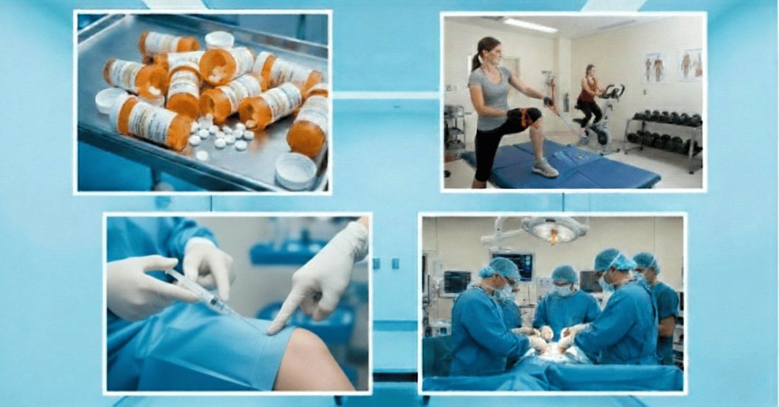 Composite of pain medication, physiotherapy, an injection and knee surgery