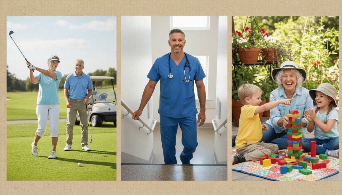 Three photographs showing an older man playing golf, a doctor with a skipping rope, and grandparents playing with children