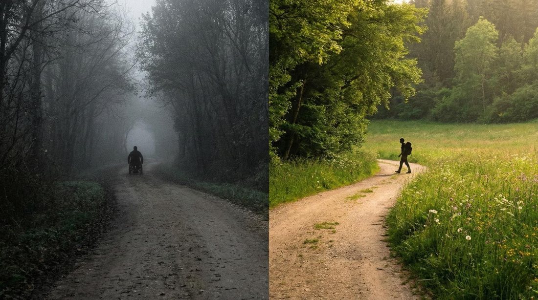 Two paths, one dark and overgrown, one open and sunlit
